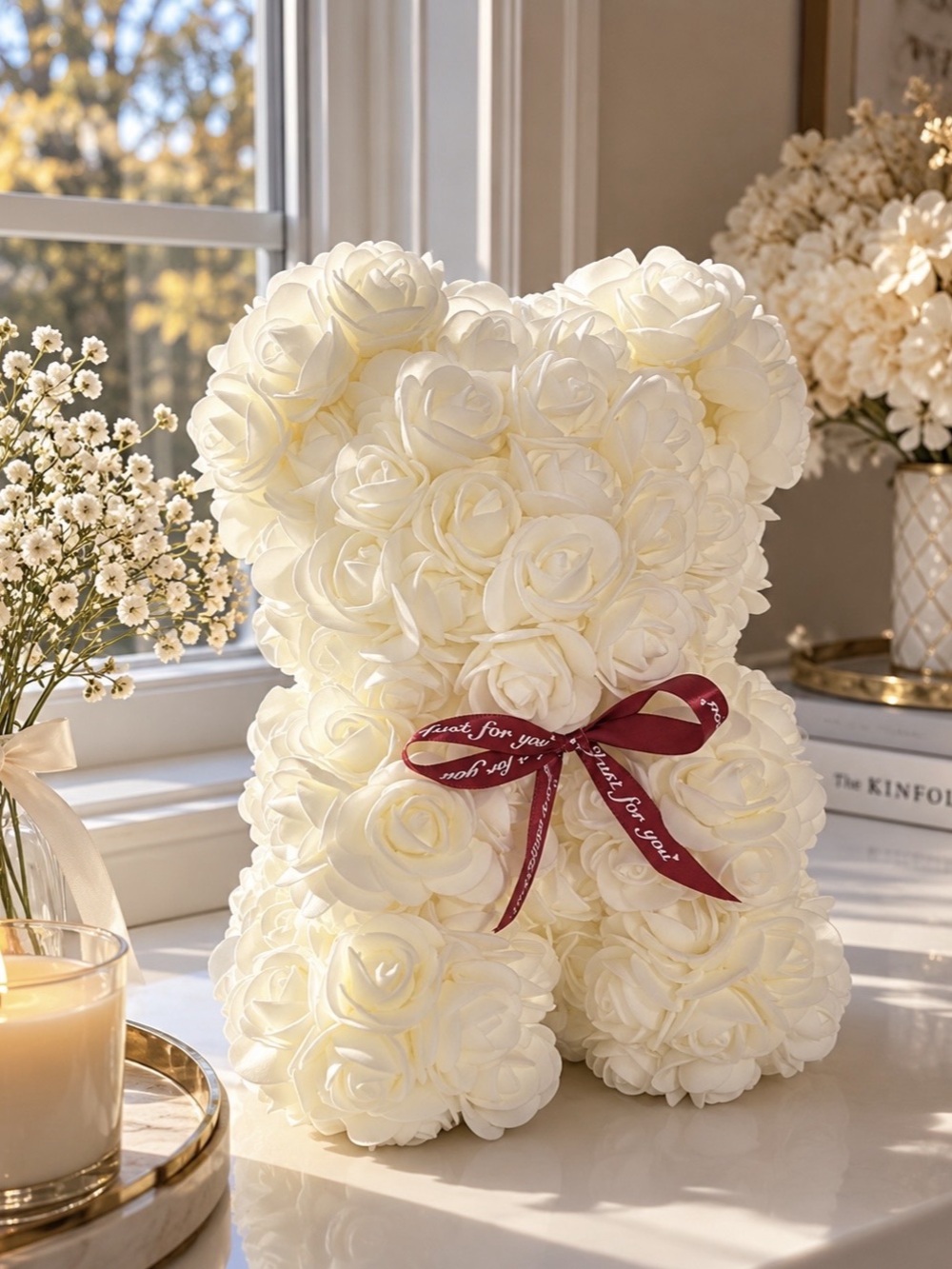 Always and Forever Flower Bear White Rose Decor Gift